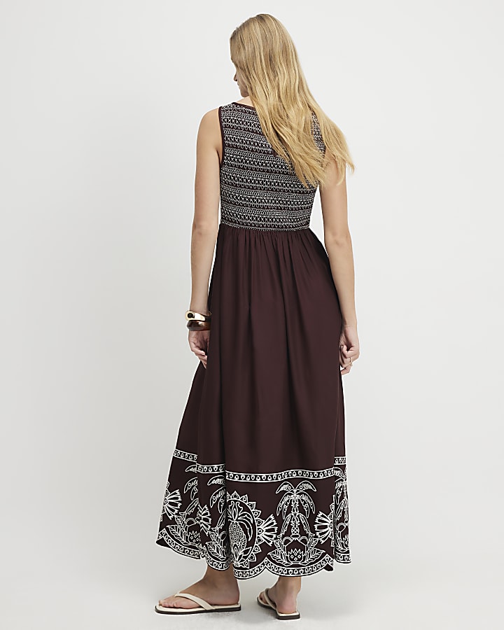 Brown Cotton Embroidered Hem Midi Dress
