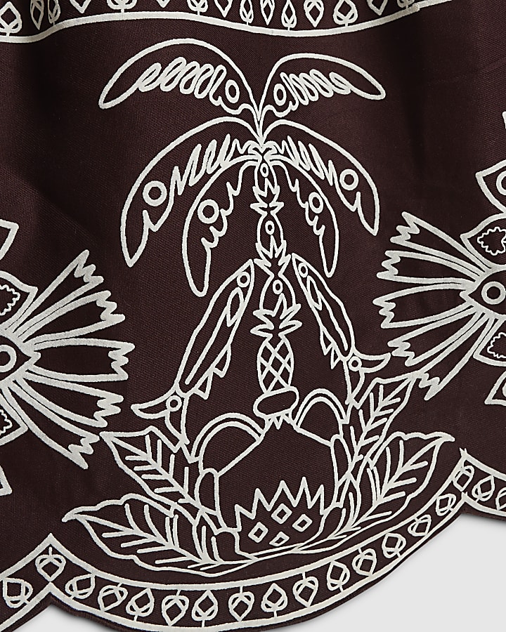 Brown Cotton Embroidered Hem Midi Dress