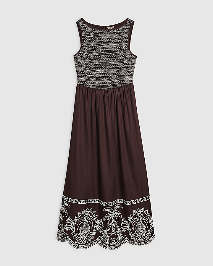 Brown Cotton Embroidered Hem Midi Dress