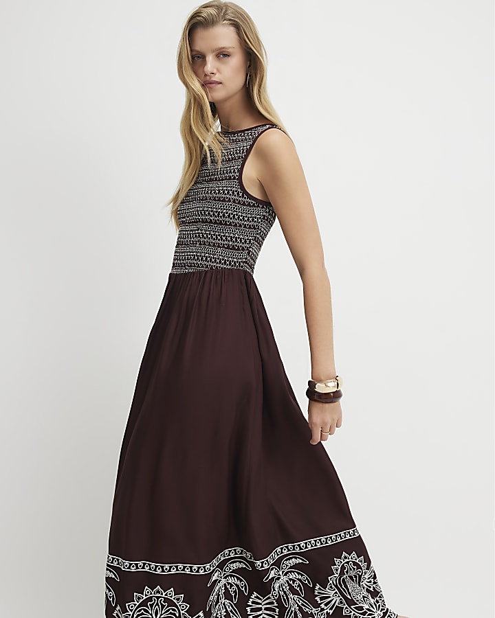 Brown Cotton Embroidered Hem Midi Dress