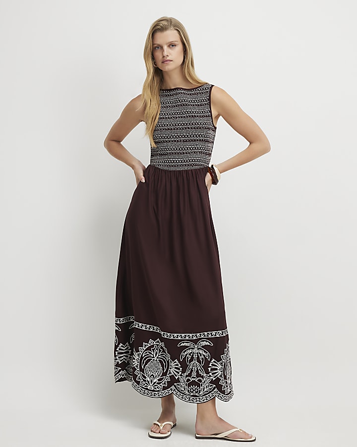 Brown Cotton Embroidered Hem Midi Dress