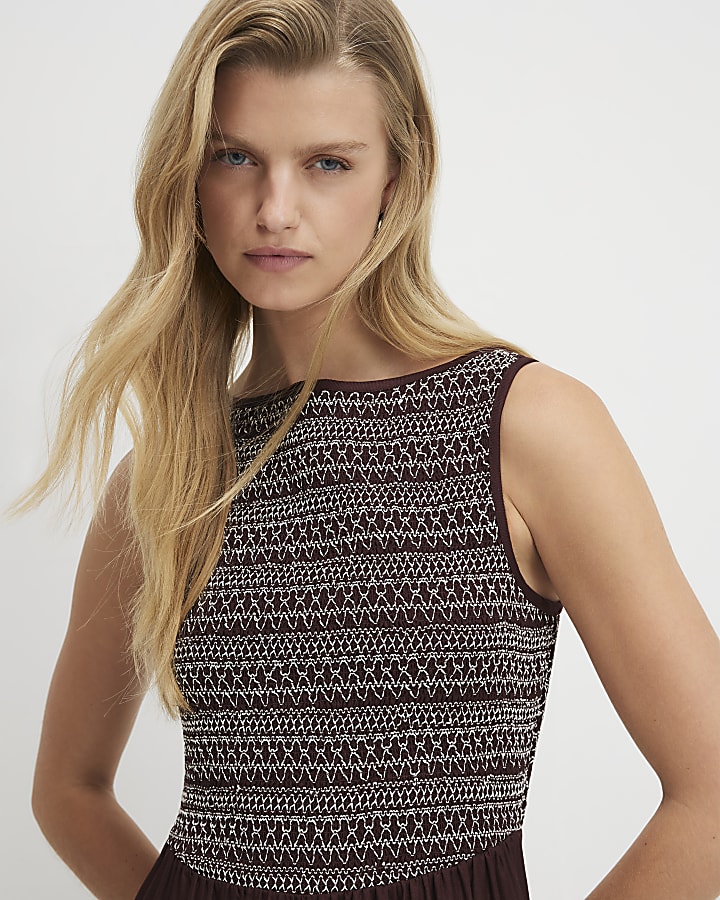 Brown Cotton Embroidered Hem Midi Dress