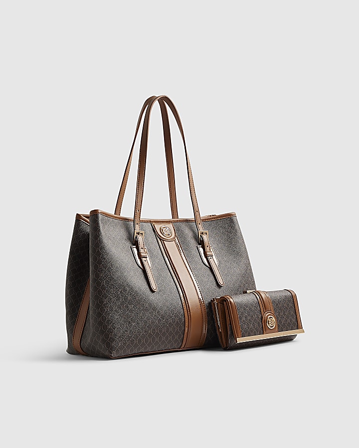 Brown Stripe Panel Shopper Bundle Bag