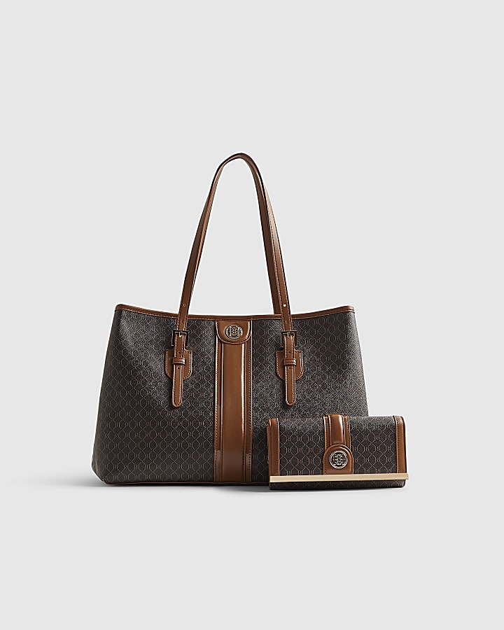 Brown Stripe Panel Shopper Bundle Bag