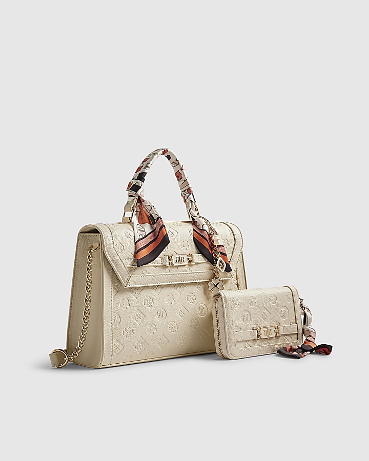 Cream Scarf Embossed Tote Bundle