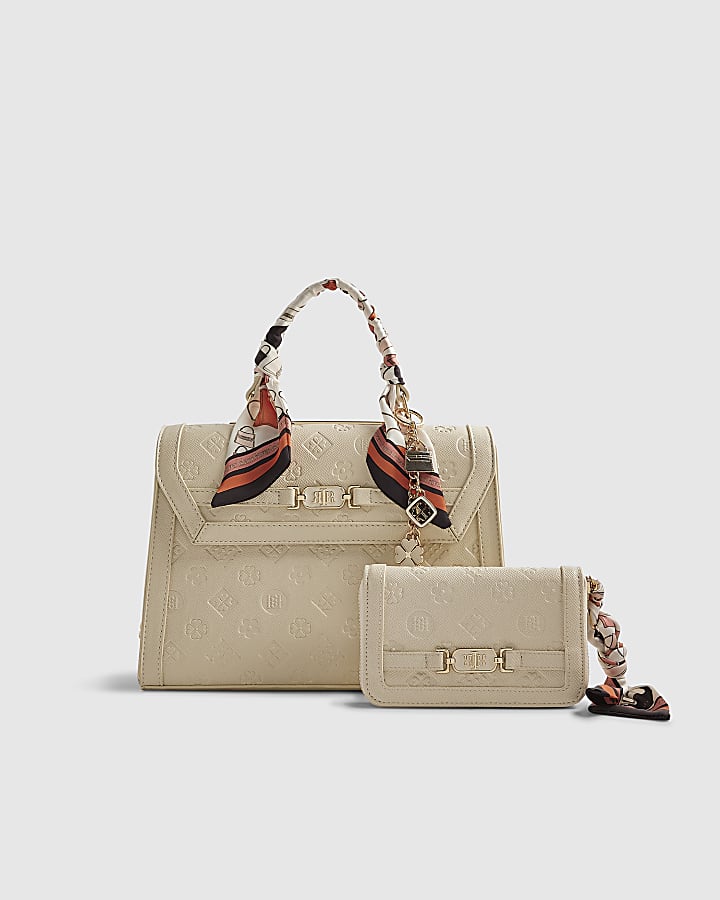 Cream Scarf Embossed Tote Bundle