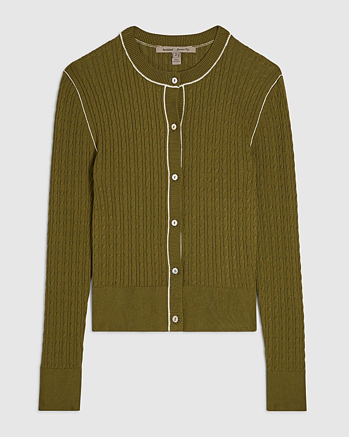 Khaki Cotton Cable Knit Cardigan