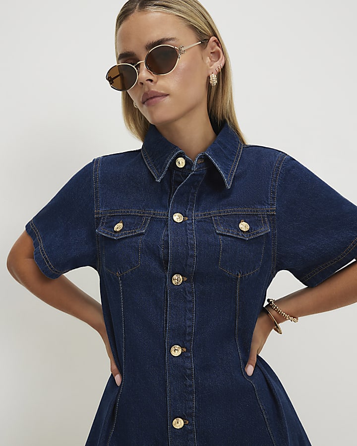 Petite Blue Button Through Denim Dress