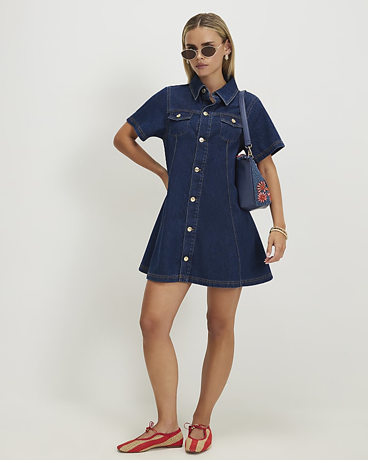 Petite Blue Button Through Denim Dress