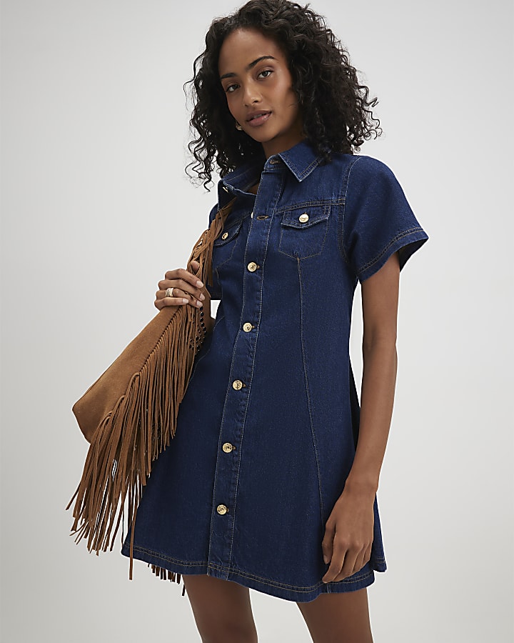 Blue Button Through Denim Dress