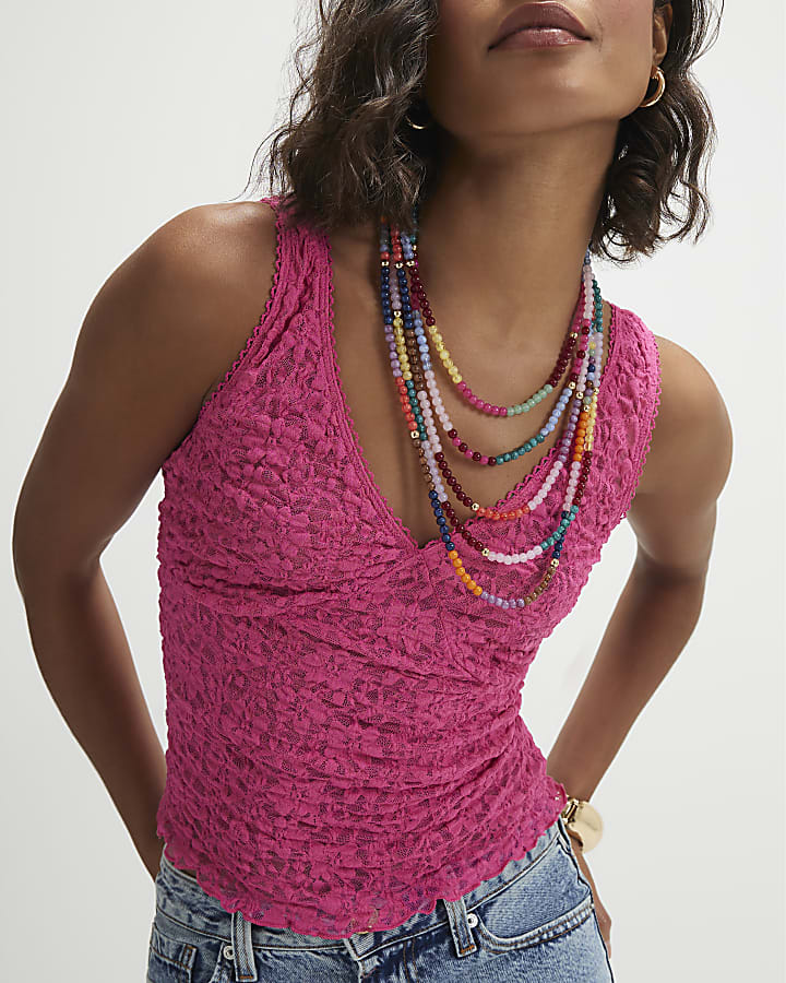 Pink Lace V Neck Cami