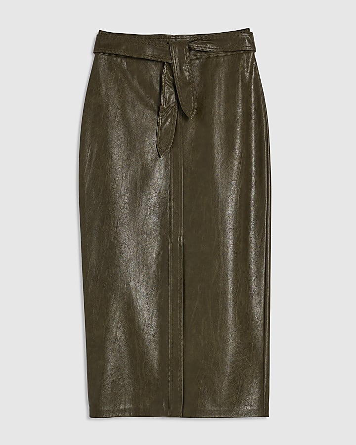 Green Faux Leather Corset Pencil Midi Skirt
