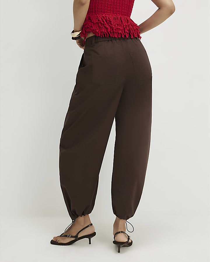 Brown Drawstring Cuff Balloon Leg Trousers