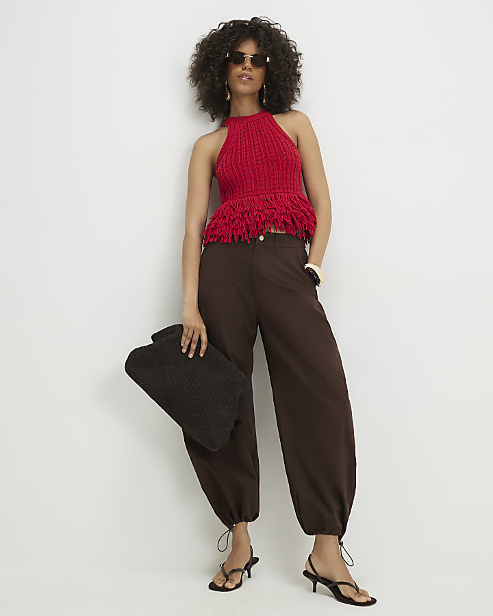 Brown Drawstring Cuff Balloon Leg Trousers
