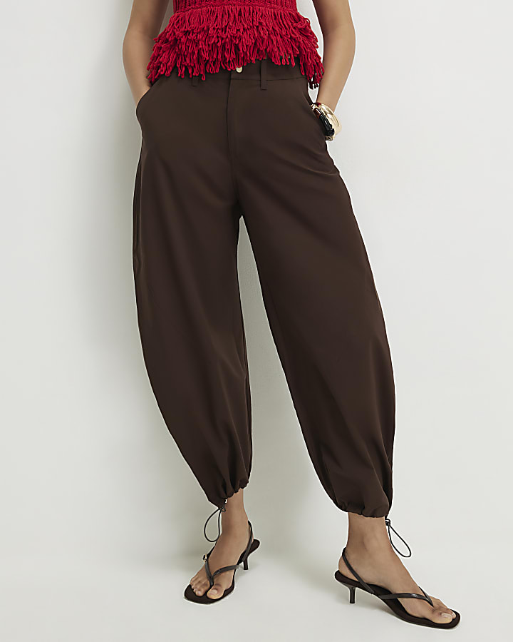 Brown Drawstring Cuff Balloon Leg Trousers