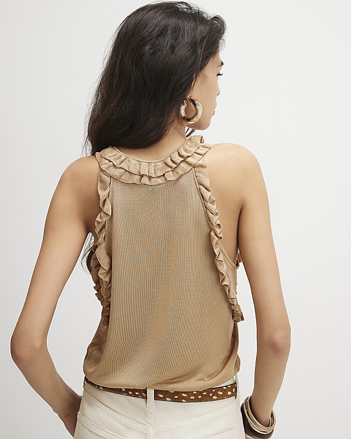 Gold Sheer Knit Frill Trim Halter Top