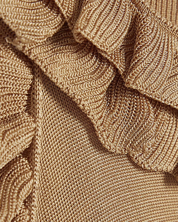 Gold Sheer Knit Frill Trim Halter Top
