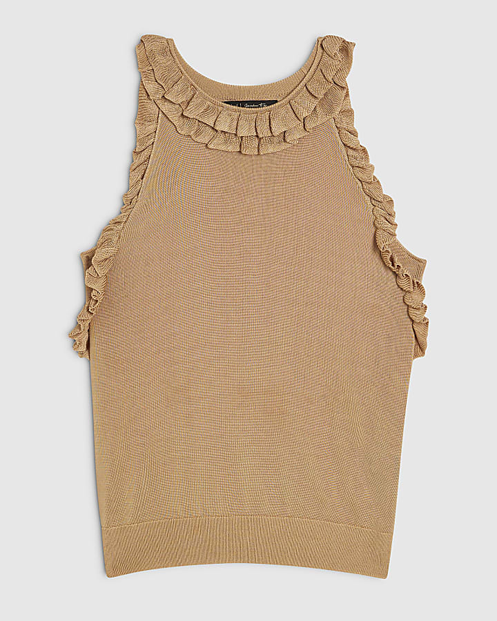 Gold Sheer Knit Frill Trim Halter Top