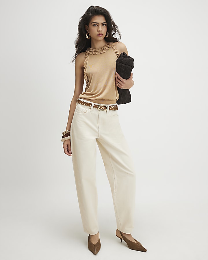 Gold Sheer Knit Frill Trim Halter Top