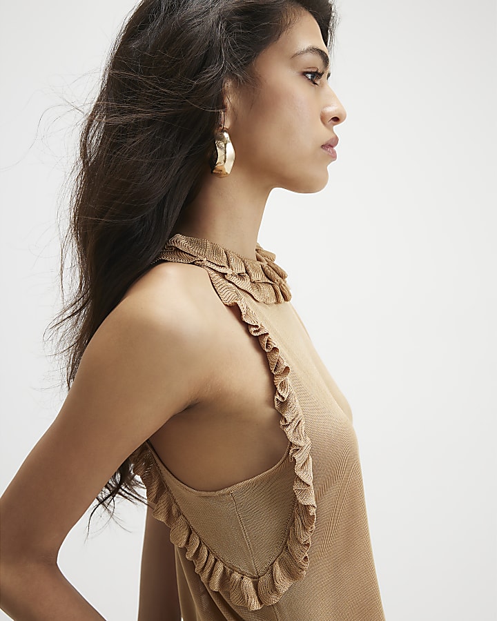 Gold Sheer Knit Frill Trim Halter Top