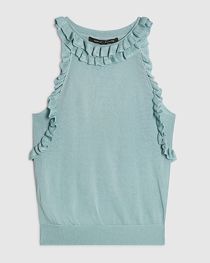 Blue Sheer Knit Frill Halter Neck Top