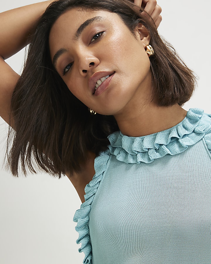 Blue Sheer Knit Frill Halter Neck Top