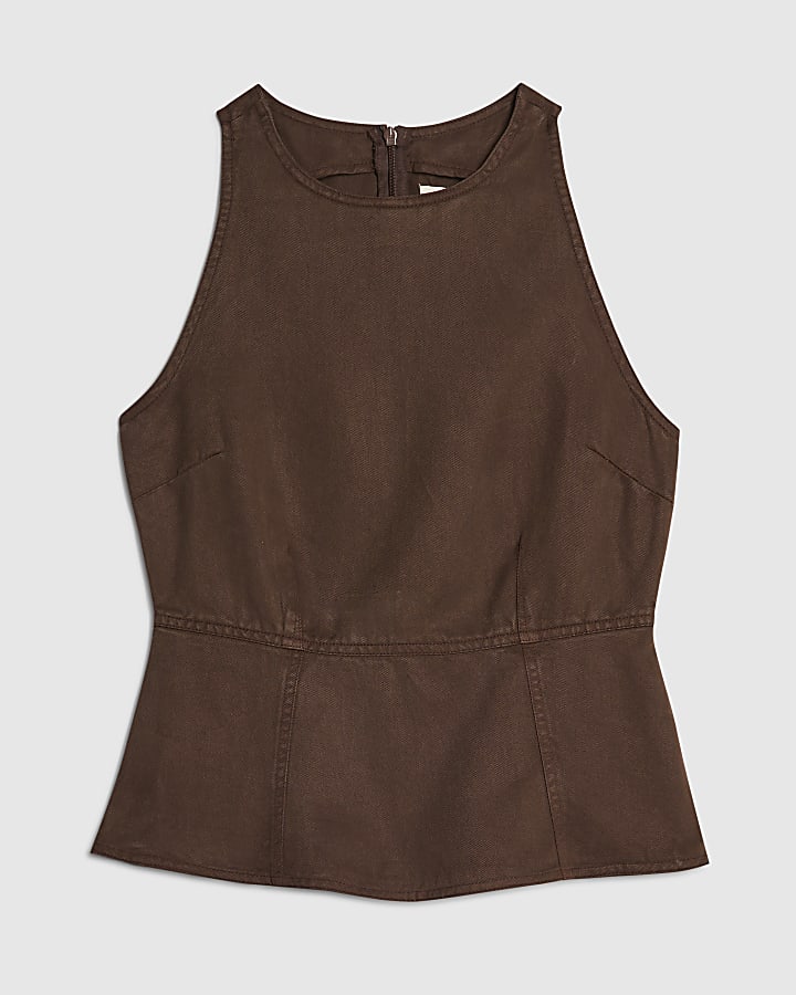 Brown Halter Neck Denim Top