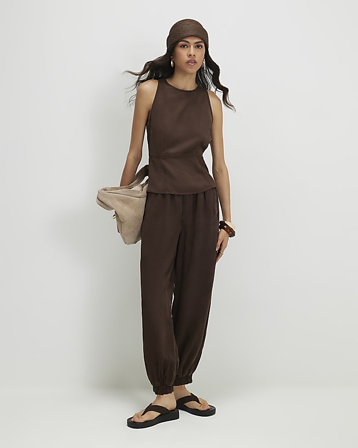 Brown Halter Neck Denim Top
