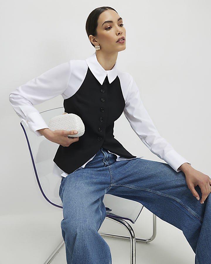 Black Hybrid Waistcoat Detail Shirt