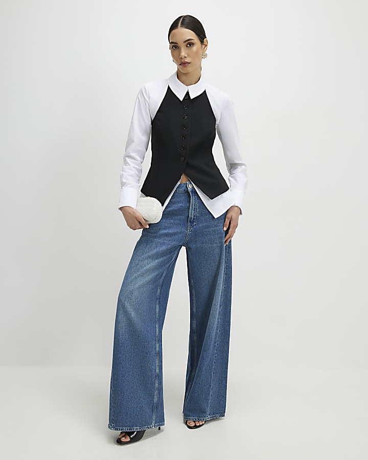 Black Hybrid Waistcoat Detail Shirt