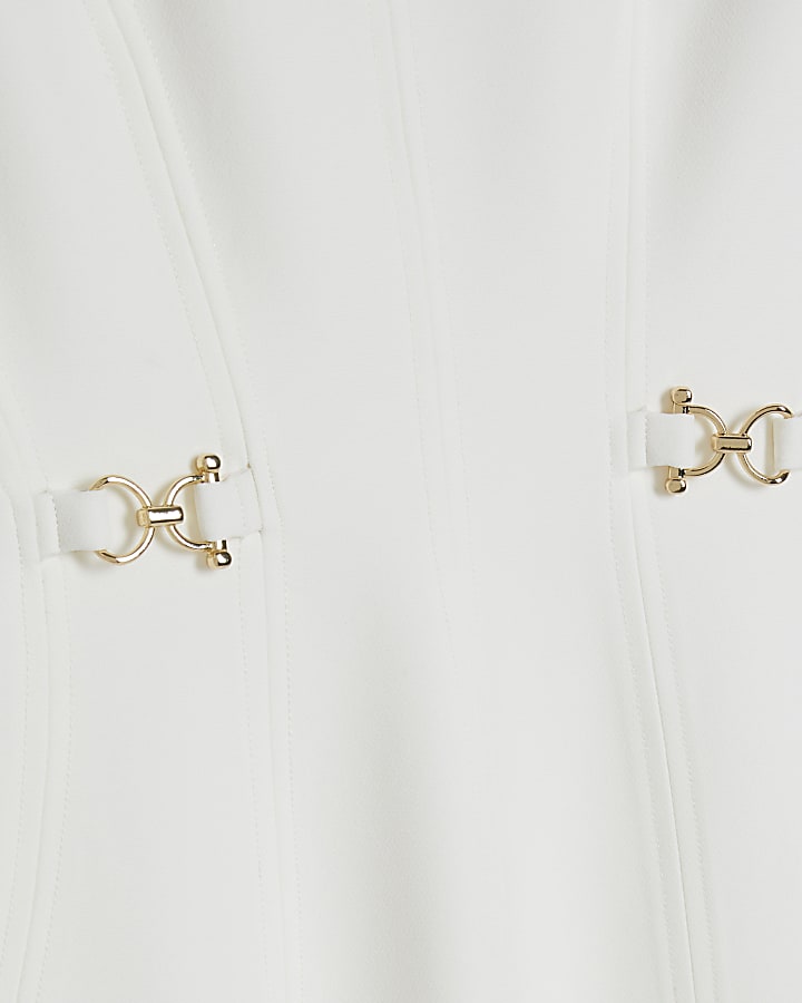 White Notch Neck Gold Detail Midi Dress