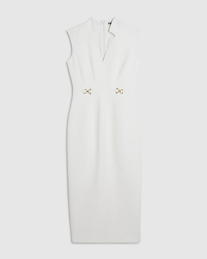 White Notch Neck Gold Detail Midi Dress