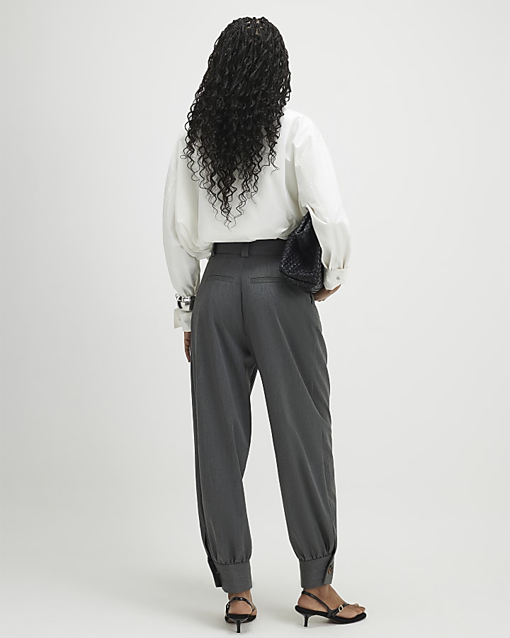 Grey Tailored Barrel Leg Trousers