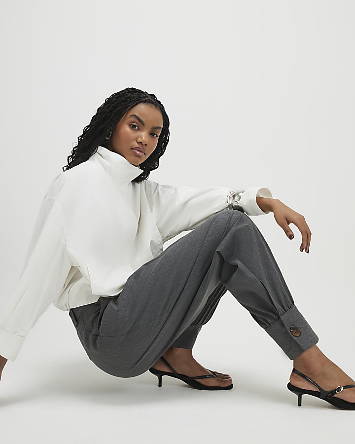 Grey Tailored Barrel Leg Trousers