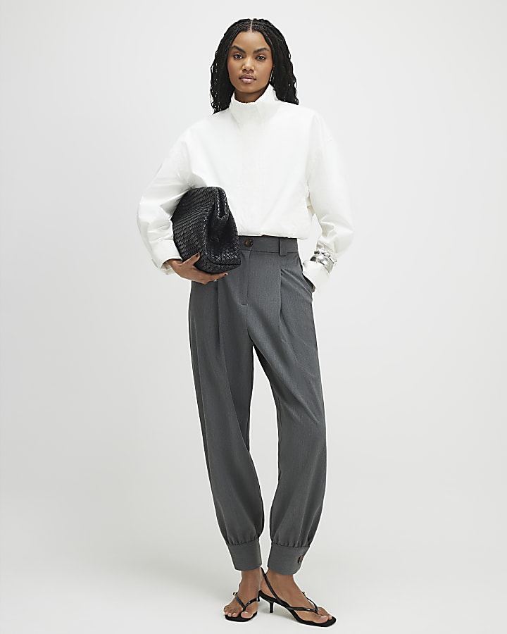 Grey Tailored Barrel Leg Trousers