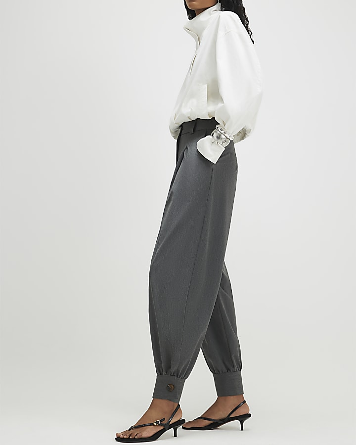 Grey Tailored Barrel Leg Trousers