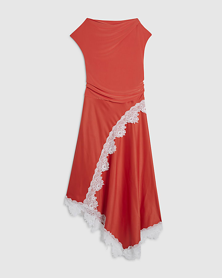 Orange Short Sleeve Lace Hybrid Midi Dress