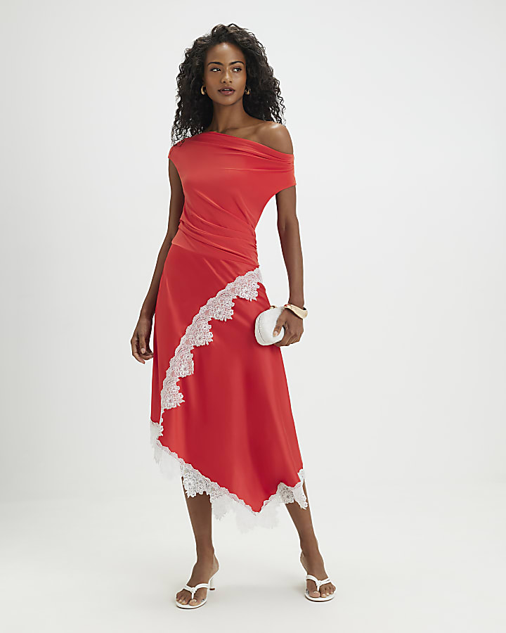 Orange Short Sleeve Lace Hybrid Midi Dress