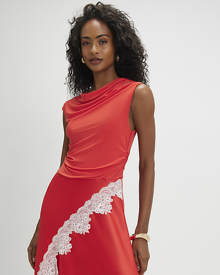 Orange Short Sleeve Lace Hybrid Midi Dress
