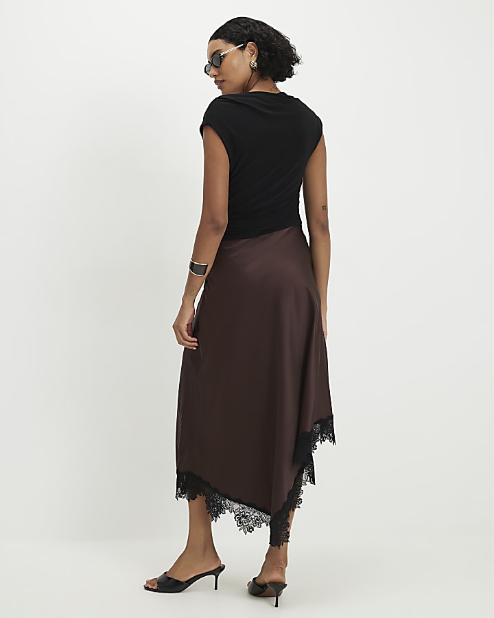 Brown Short Sleeve Lace Hybrid Maxi Dress
