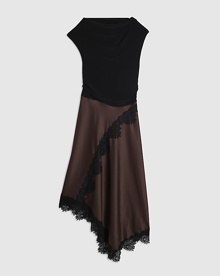 Brown Short Sleeve Lace Hybrid Maxi Dress