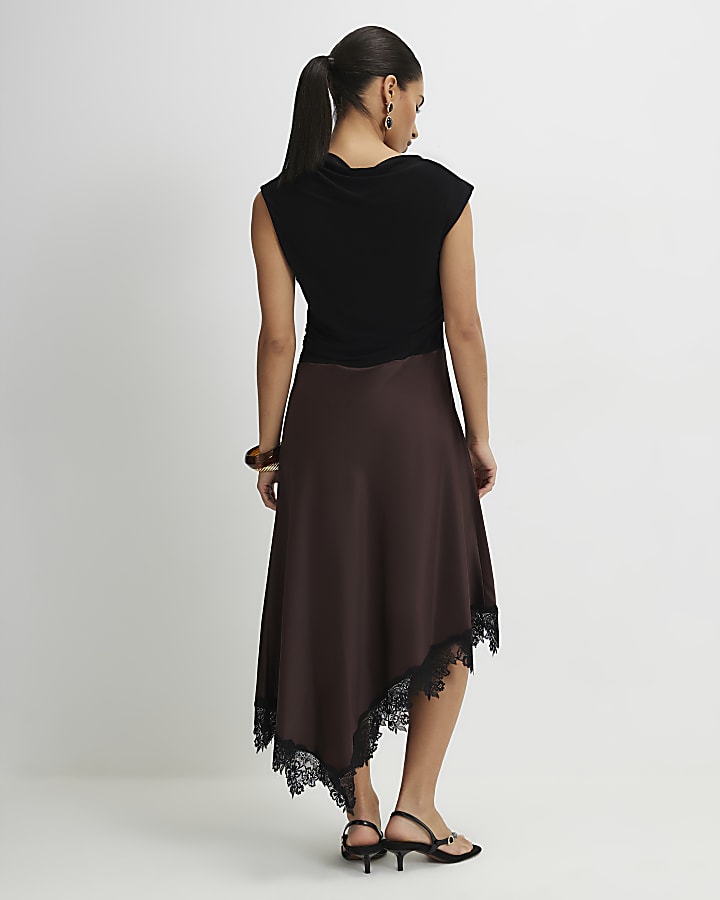 Petite Brown Lace Hybrid Drape Midi Dress