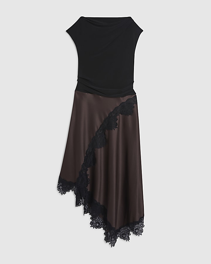 Petite Brown Lace Hybrid Drape Midi Dress