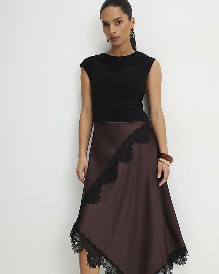 Petite Brown Lace Hybrid Drape Midi Dress