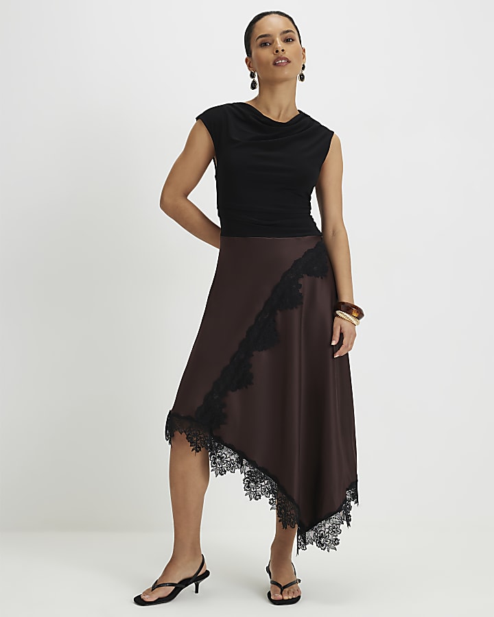 Petite Brown Lace Hybrid Drape Midi Dress