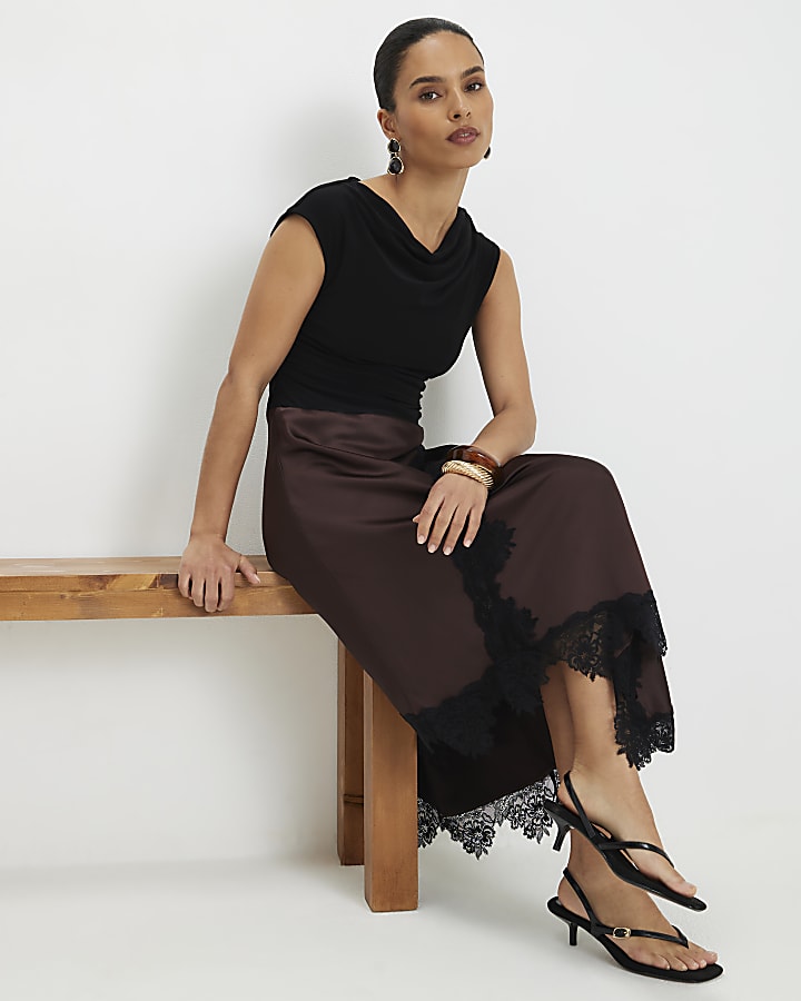 Petite Brown Lace Hybrid Drape Midi Dress