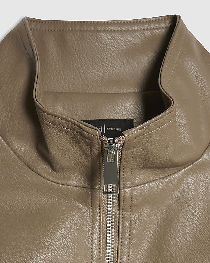Beige Funnel Neck Faux Leather Jacket