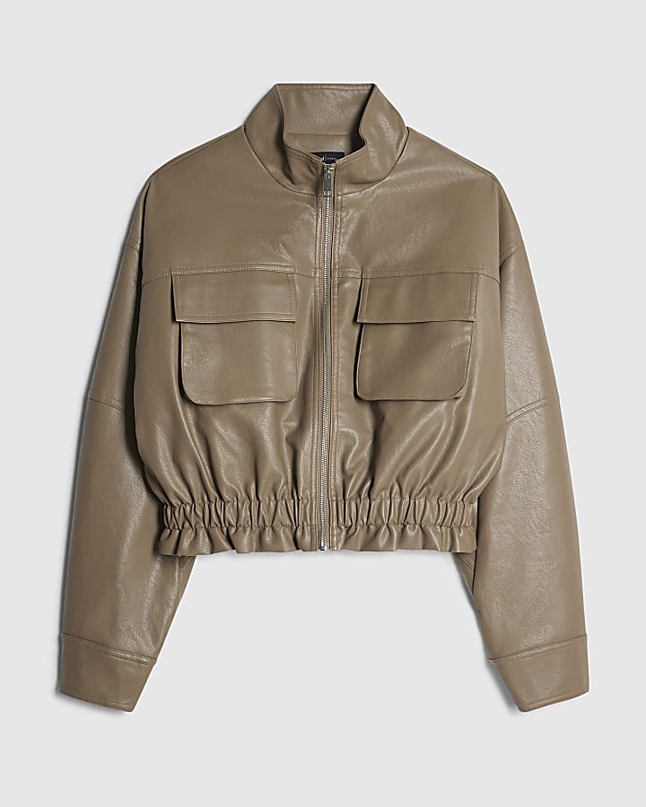 Beige Funnel Neck Faux Leather Jacket