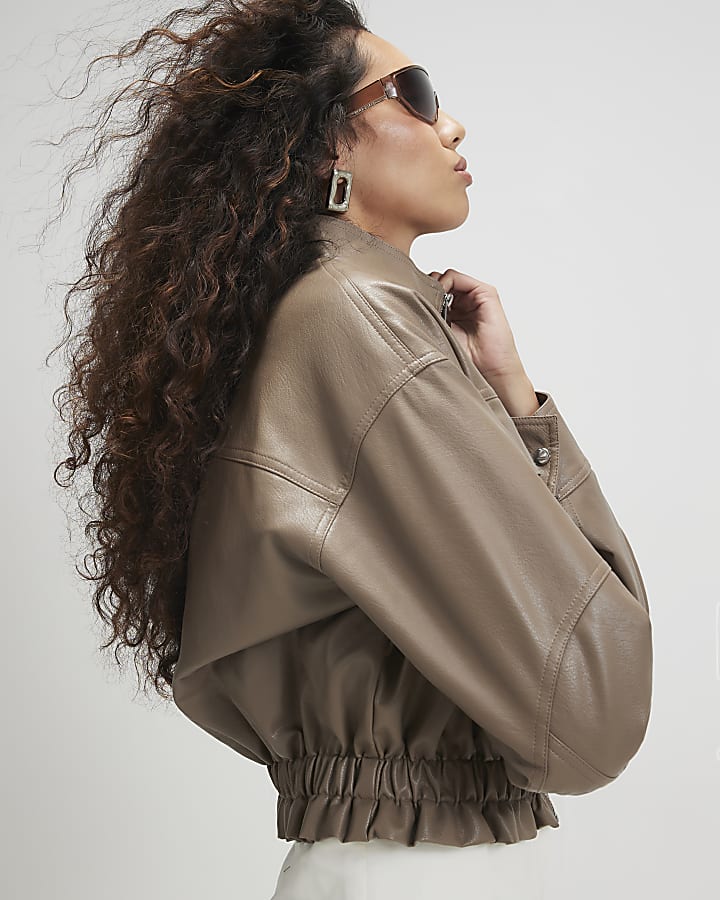 Beige Funnel Neck Faux Leather Jacket