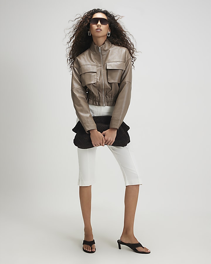 Beige Funnel Neck Faux Leather Jacket